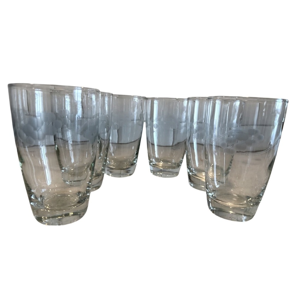 Set of 6Vintage 1950s Libbey Crystal Garland‎ Etched Flowers 14oz Glasses GW0001